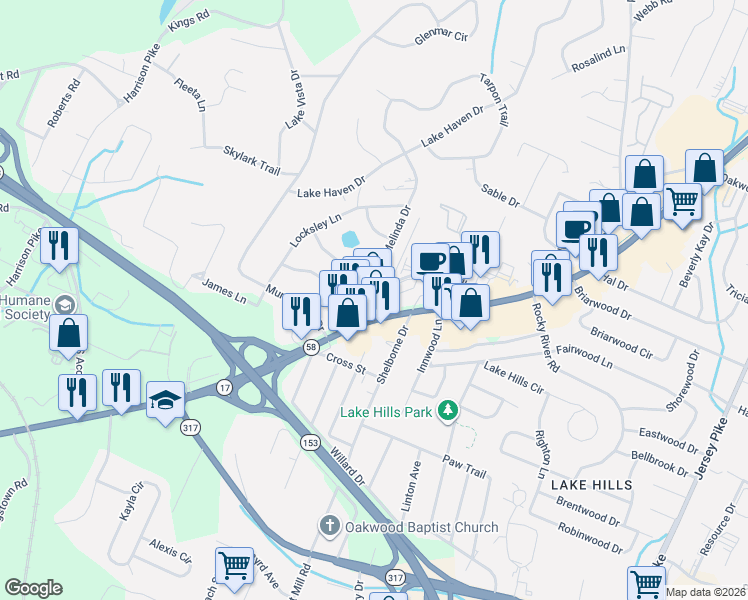 map of restaurants, bars, coffee shops, grocery stores, and more near 4421 Tennessee 58 in Chattanooga