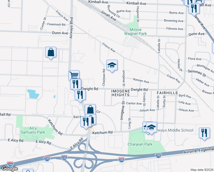 map of restaurants, bars, coffee shops, grocery stores, and more near 2210 Charjean Rd in Memphis