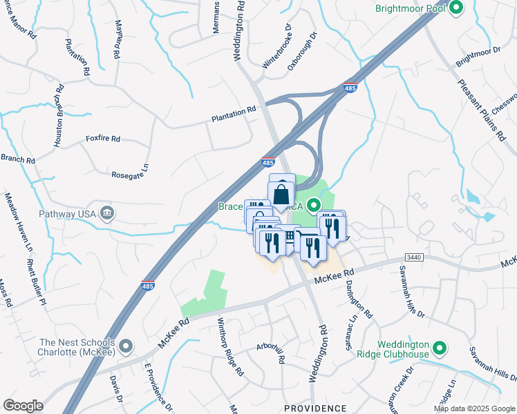 map of restaurants, bars, coffee shops, grocery stores, and more near 2509 Plantation Center Drive in Matthews