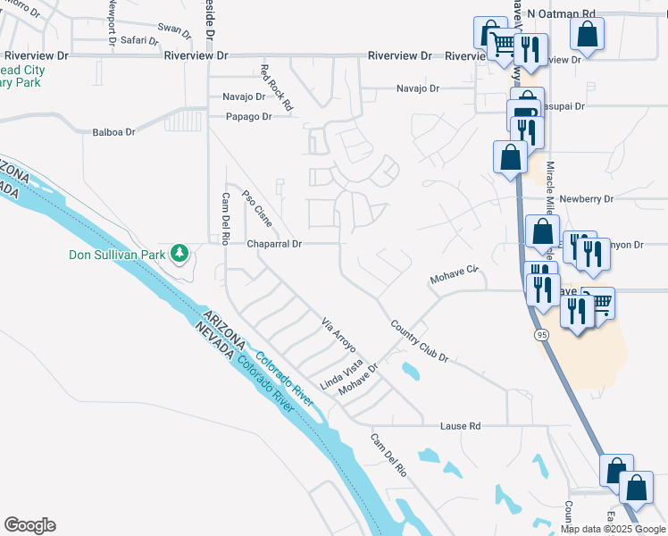 map of restaurants, bars, coffee shops, grocery stores, and more near 2519 Country Club Drive in Bullhead City