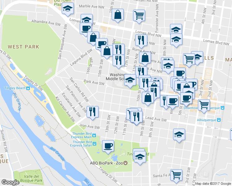 map of restaurants, bars, coffee shops, grocery stores, and more near 1209 Gold Avenue Southwest in Albuquerque