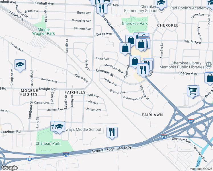 map of restaurants, bars, coffee shops, grocery stores, and more near 2826 Brewer Avenue in Memphis