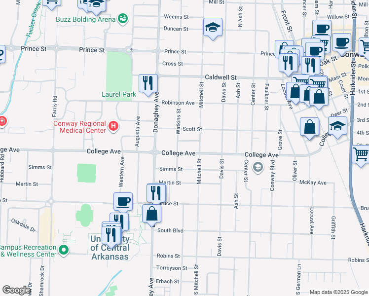 map of restaurants, bars, coffee shops, grocery stores, and more near 1922 College Avenue in Conway