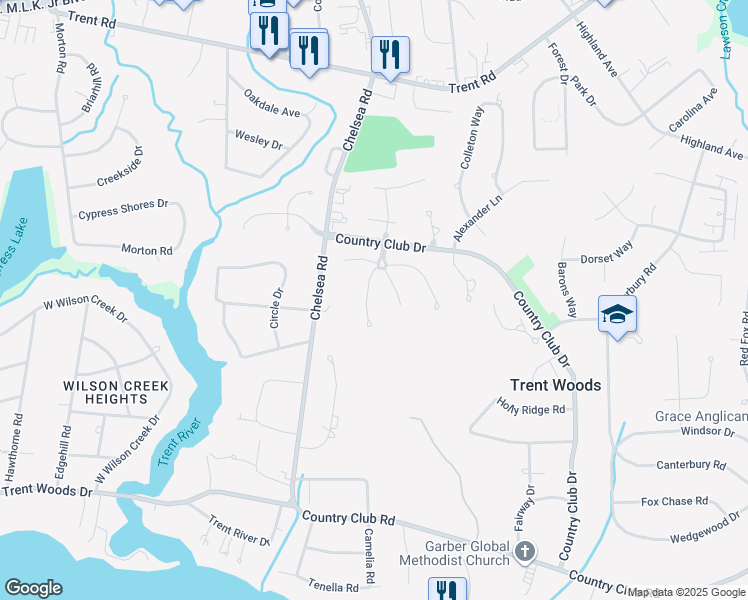 map of restaurants, bars, coffee shops, grocery stores, and more near 4508 Berkley Drive in Trent Woods
