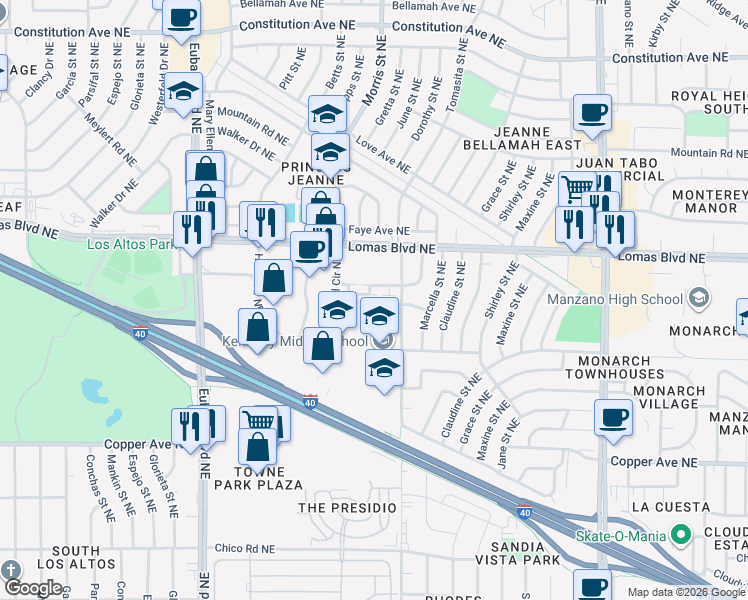 map of restaurants, bars, coffee shops, grocery stores, and more near 11240 Campo Del Sol Avenue in Albuquerque