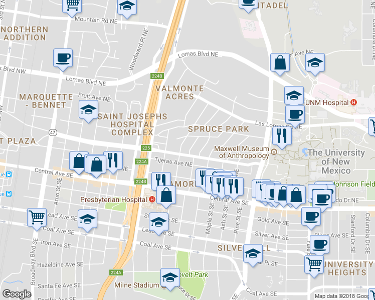 map of restaurants, bars, coffee shops, grocery stores, and more near 404 Ridge Place Northeast in Albuquerque
