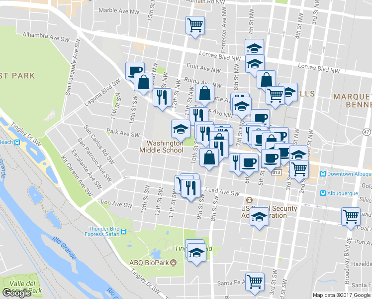 map of restaurants, bars, coffee shops, grocery stores, and more near 205 10th Street Southwest in Albuquerque