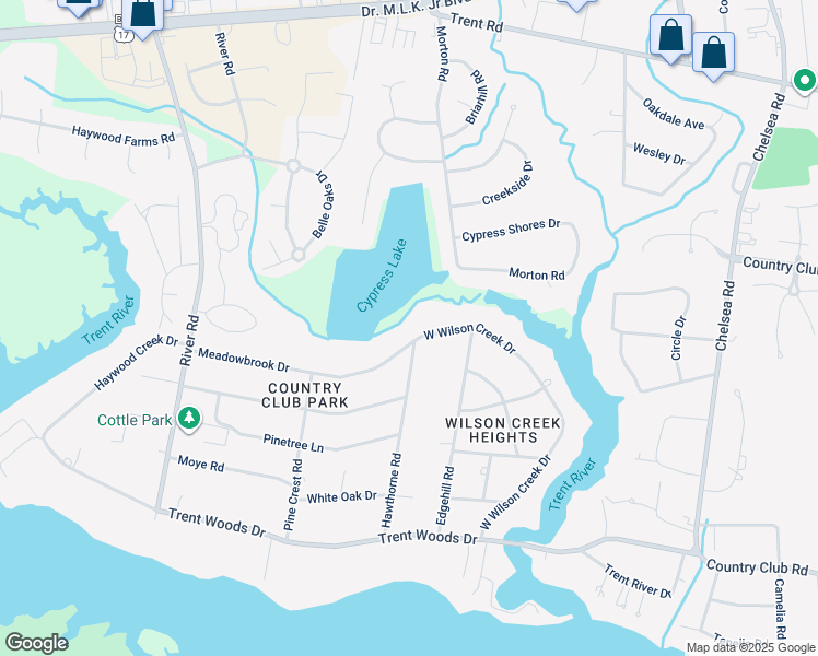 map of restaurants, bars, coffee shops, grocery stores, and more near 5100 Meadowbrook Drive in Trent Woods