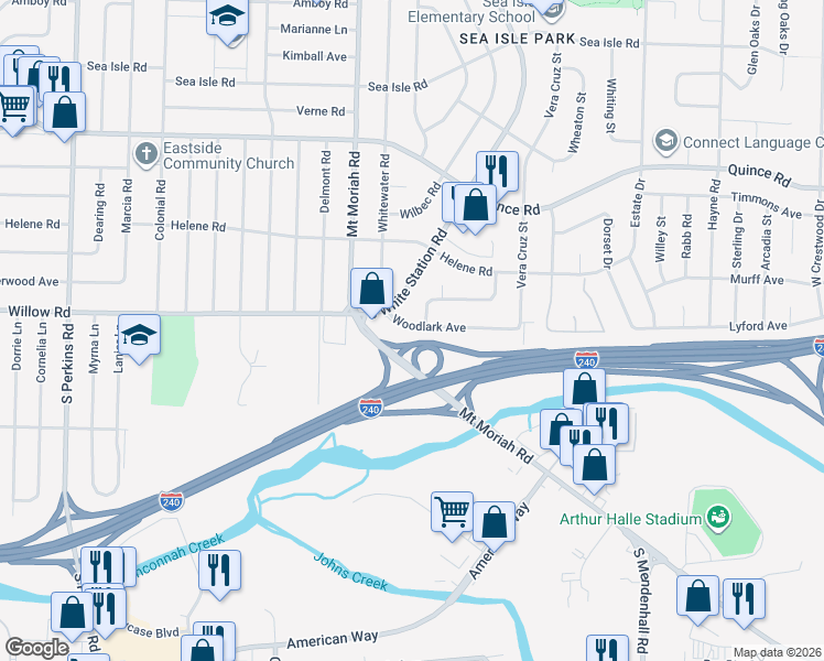 map of restaurants, bars, coffee shops, grocery stores, and more near 5041 Woodlark Avenue in Memphis