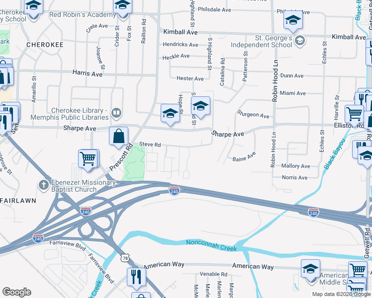 map of restaurants, bars, coffee shops, grocery stores, and more near 3447 Steve Road in Memphis