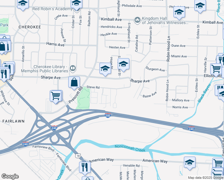 map of restaurants, bars, coffee shops, grocery stores, and more near 3447 Steve Road in Memphis