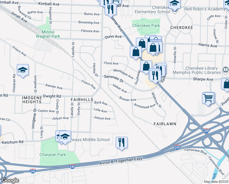 map of restaurants, bars, coffee shops, grocery stores, and more near 2826 Brewer Avenue in Memphis