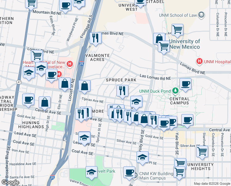 map of restaurants, bars, coffee shops, grocery stores, and more near 415 Sycamore Street Northeast in Albuquerque