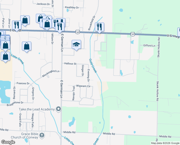 map of restaurants, bars, coffee shops, grocery stores, and more near 550 Evening Drive in Conway