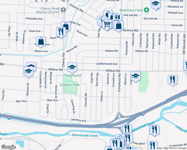 map of restaurants, bars, coffee shops, grocery stores, and more near 1706 Capri Road in Memphis