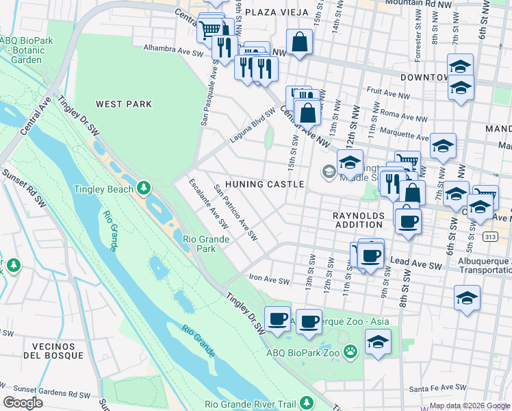 map of restaurants, bars, coffee shops, grocery stores, and more near 1509 San Carlos Road Southwest in Albuquerque