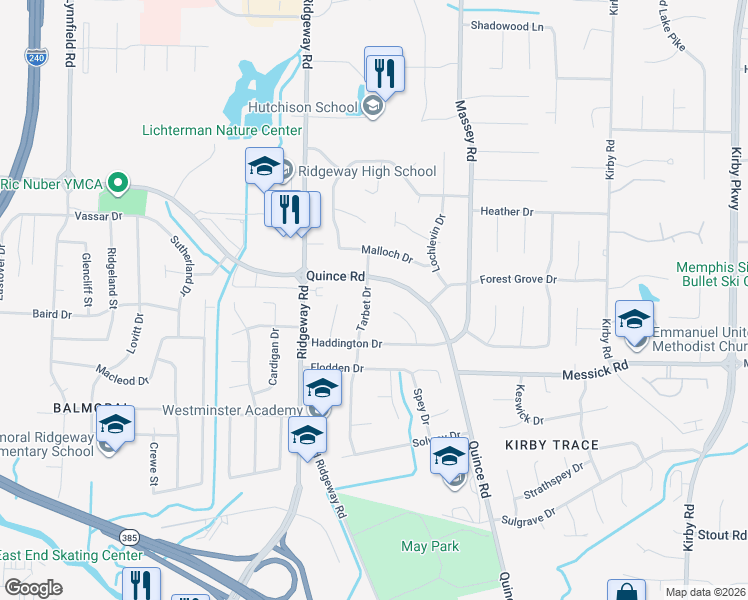 map of restaurants, bars, coffee shops, grocery stores, and more near 2336 Tarbet Dr in Memphis