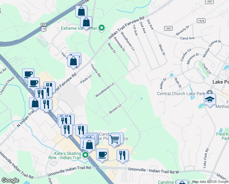 map of restaurants, bars, coffee shops, grocery stores, and more near 2416 Younts Road in Indian Trail