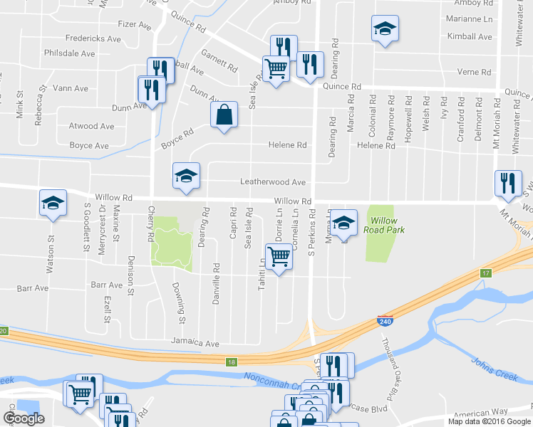 map of restaurants, bars, coffee shops, grocery stores, and more near 1714 Tahiti Lane in Memphis