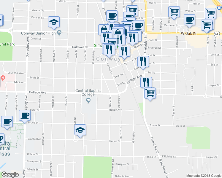 map of restaurants, bars, coffee shops, grocery stores, and more near 510 Oliver Street in Conway
