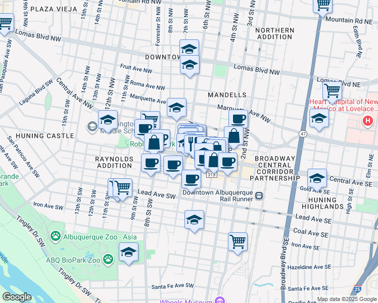 map of restaurants, bars, coffee shops, grocery stores, and more near 505 Central Avenue Southwest in Albuquerque