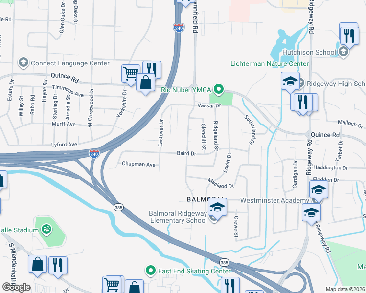 map of restaurants, bars, coffee shops, grocery stores, and more near 2355 Lynnfield Street in Memphis