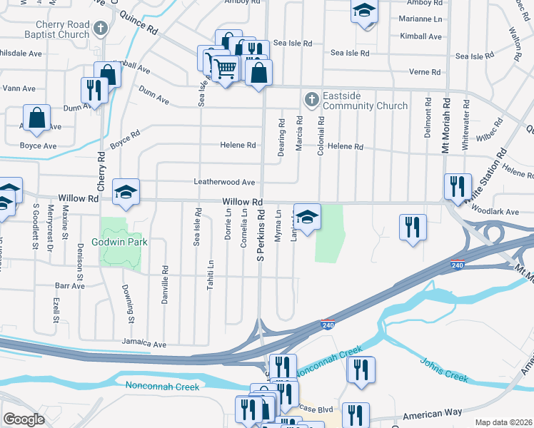 map of restaurants, bars, coffee shops, grocery stores, and more near 1704 South Perkins Road in Memphis