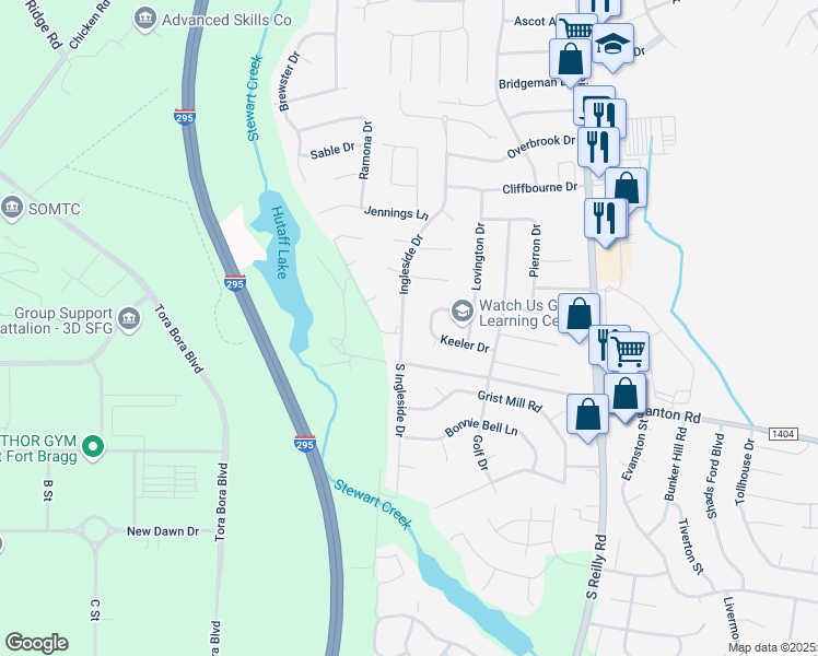 map of restaurants, bars, coffee shops, grocery stores, and more near 118 Ingleside Drive in Fayetteville