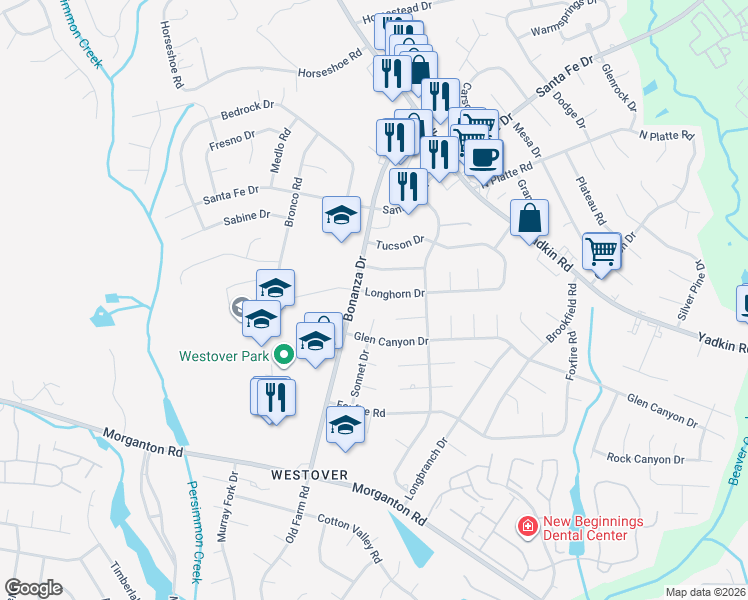map of restaurants, bars, coffee shops, grocery stores, and more near 308 Longhorn Drive in Fayetteville