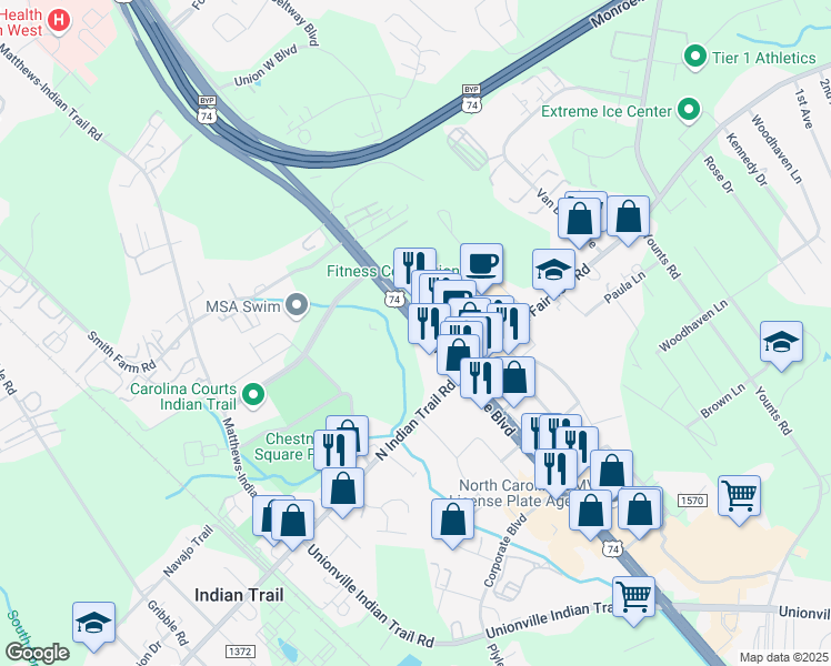 map of restaurants, bars, coffee shops, grocery stores, and more near 13690 Andrew Jackson Highway in Indian Trail