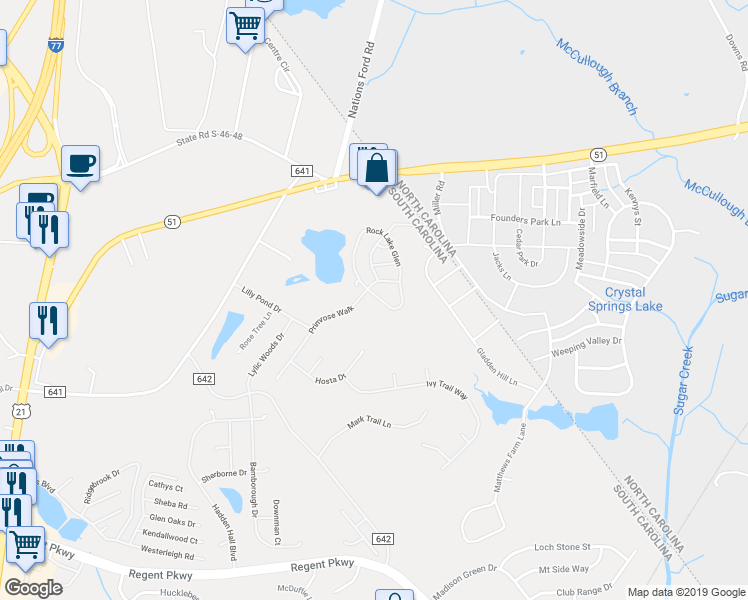 map of restaurants, bars, coffee shops, grocery stores, and more near 741 Rock Lake Glen in Fort Mill