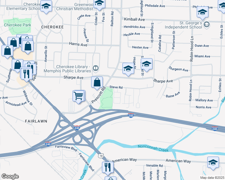 map of restaurants, bars, coffee shops, grocery stores, and more near 3361 Steve Road in Memphis