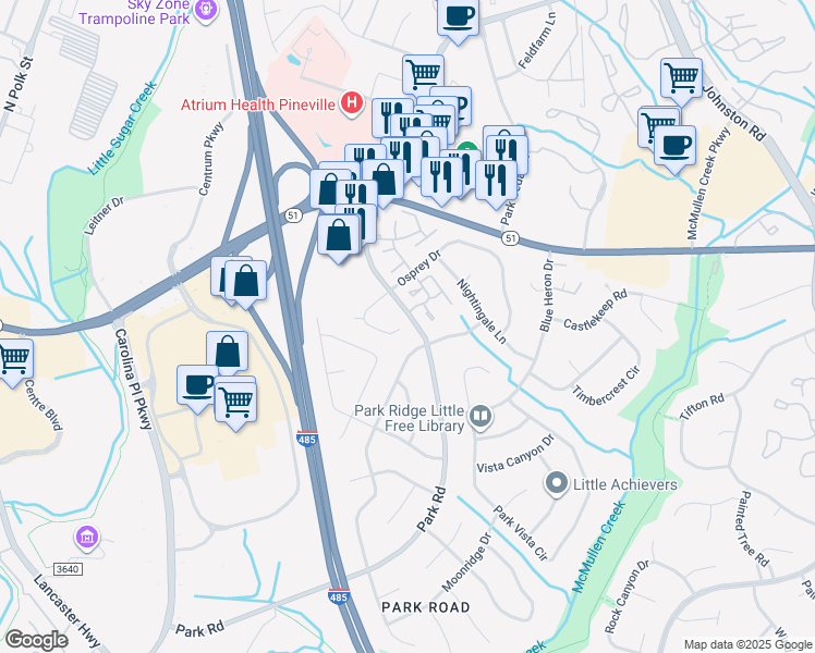 map of restaurants, bars, coffee shops, grocery stores, and more near 10301 Osprey Drive in Pineville