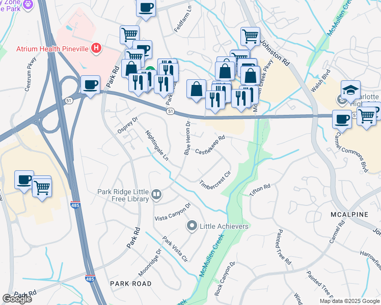 map of restaurants, bars, coffee shops, grocery stores, and more near 10901 Blue Heron Drive in Charlotte