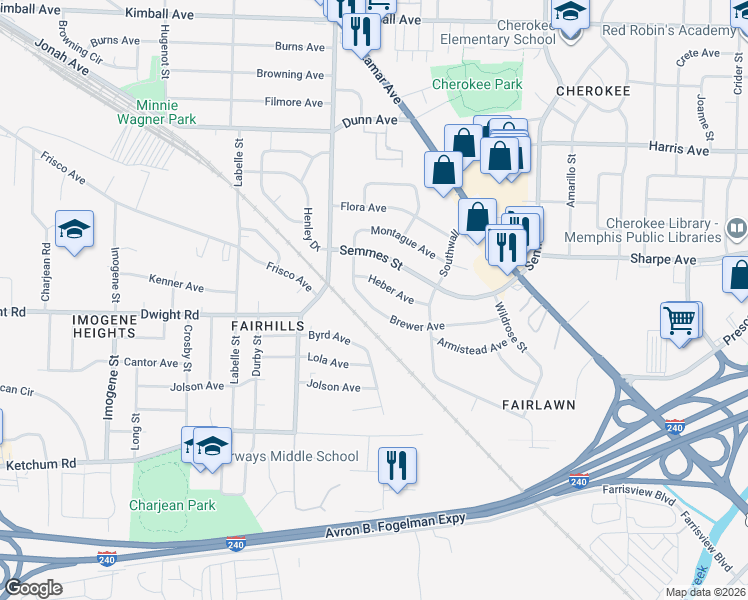 map of restaurants, bars, coffee shops, grocery stores, and more near 2826 Brewer Avenue in Memphis