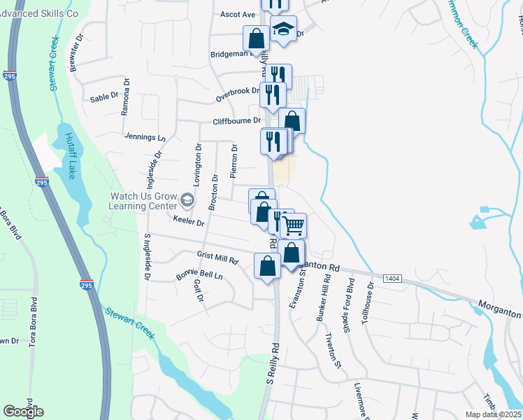map of restaurants, bars, coffee shops, grocery stores, and more near 6501 Kemper Court in Fayetteville
