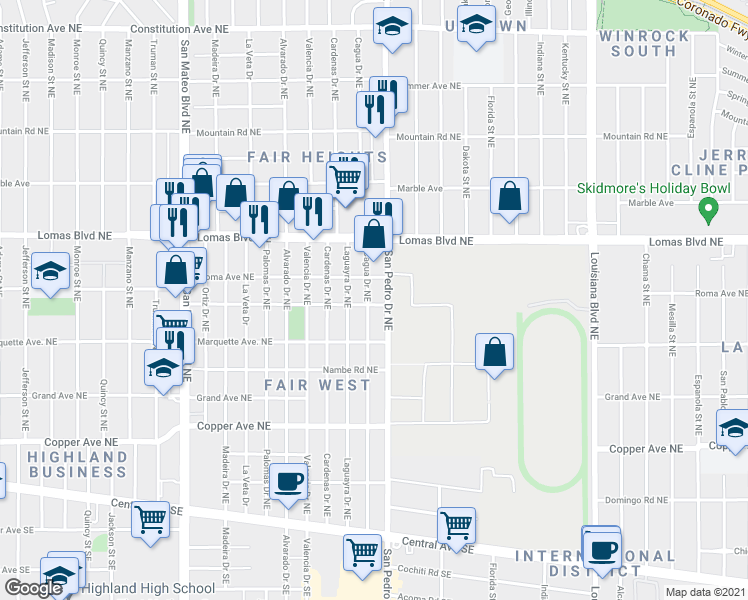 map of restaurants, bars, coffee shops, grocery stores, and more near 800 Cagua Drive Northeast in Albuquerque