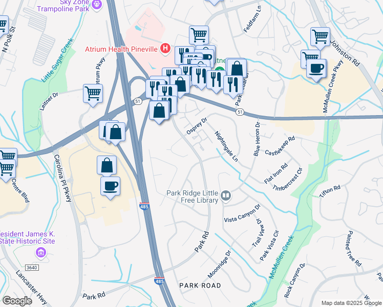 map of restaurants, bars, coffee shops, grocery stores, and more near 10301 Osprey Drive in Pineville