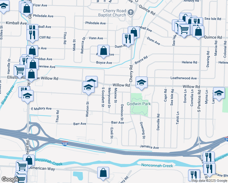 map of restaurants, bars, coffee shops, grocery stores, and more near 4284 Elliston Road in Memphis