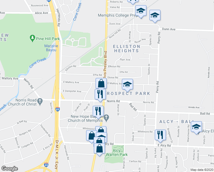 map of restaurants, bars, coffee shops, grocery stores, and more near 1347 East Mallory Avenue in Memphis