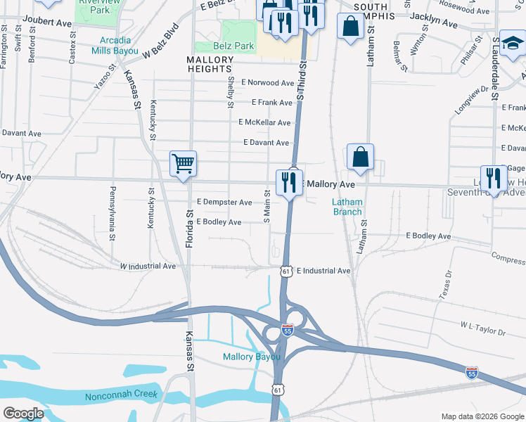 map of restaurants, bars, coffee shops, grocery stores, and more near 2273 South Main Street in Memphis
