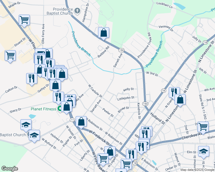 map of restaurants, bars, coffee shops, grocery stores, and more near 415 Sarratt Avenue in Gaffney