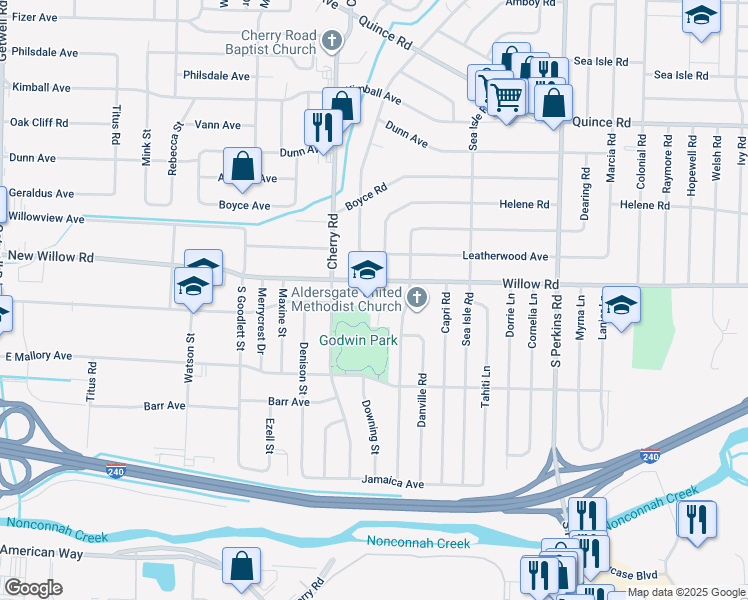 map of restaurants, bars, coffee shops, grocery stores, and more near 4417 Willow Road in Memphis