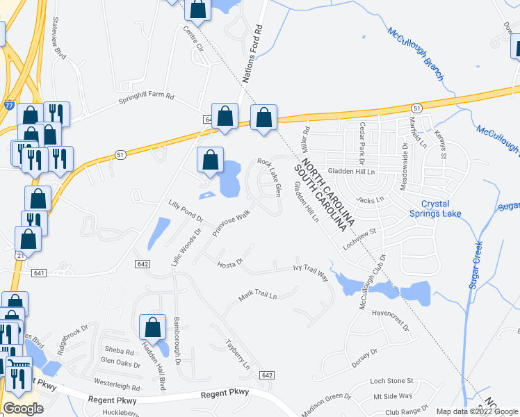 map of restaurants, bars, coffee shops, grocery stores, and more near 743 Rock Lake Glen in Fort Mill