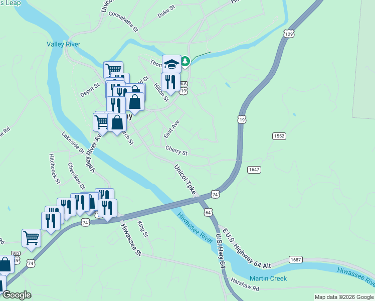 map of restaurants, bars, coffee shops, grocery stores, and more near 35 Fox Street in Murphy