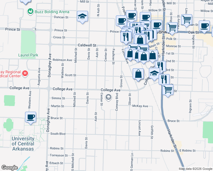 map of restaurants, bars, coffee shops, grocery stores, and more near 1512 College Avenue in Conway