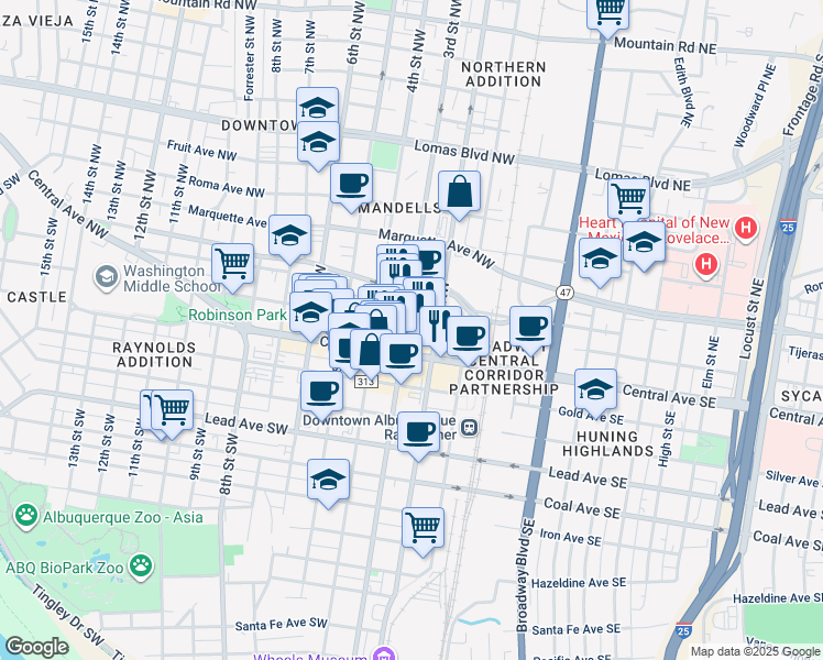 map of restaurants, bars, coffee shops, grocery stores, and more near in Albuquerque