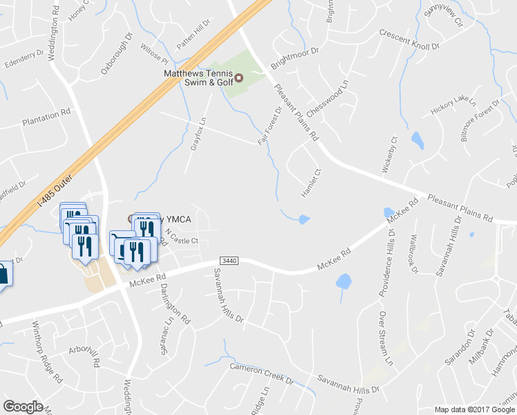 map of restaurants, bars, coffee shops, grocery stores, and more near 1900 McKee Road in Matthews