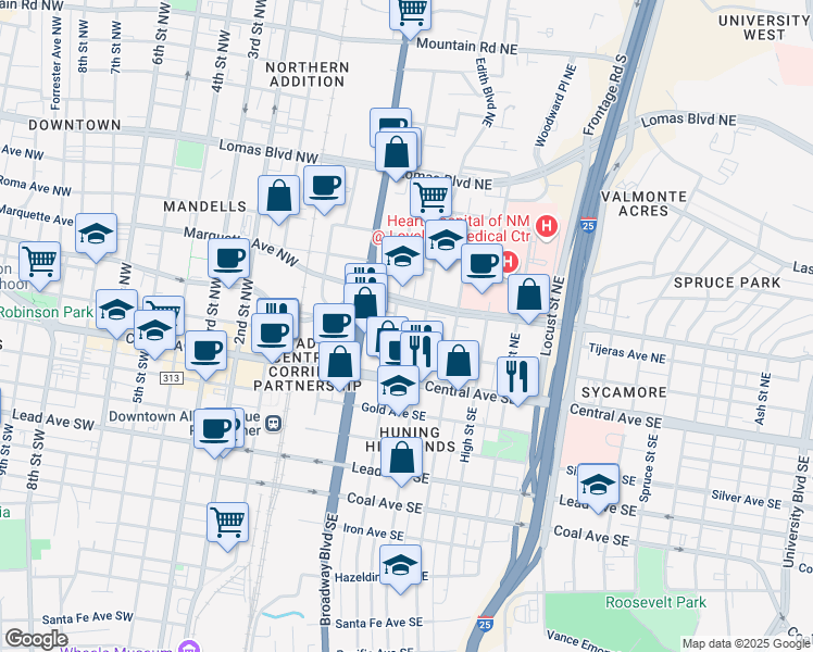 map of restaurants, bars, coffee shops, grocery stores, and more near 411 Tijeras Avenue Northeast in Albuquerque