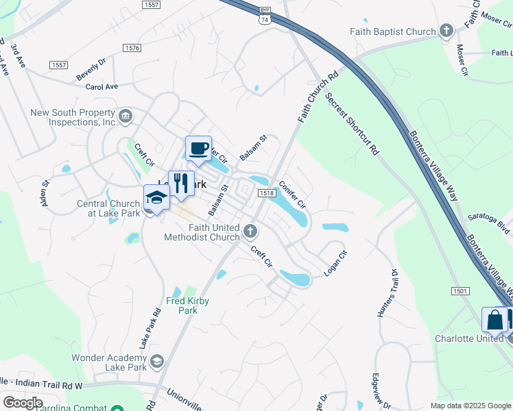 map of restaurants, bars, coffee shops, grocery stores, and more near 3809 Faith Church Road in Indian Trail